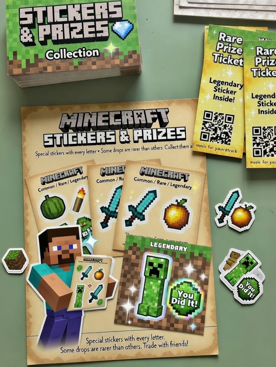 Minecraft Stickers & Prizes collection with Common, Rare, and Legendary sticker sheets, die-cut stickers, and Rare Prize Tickets